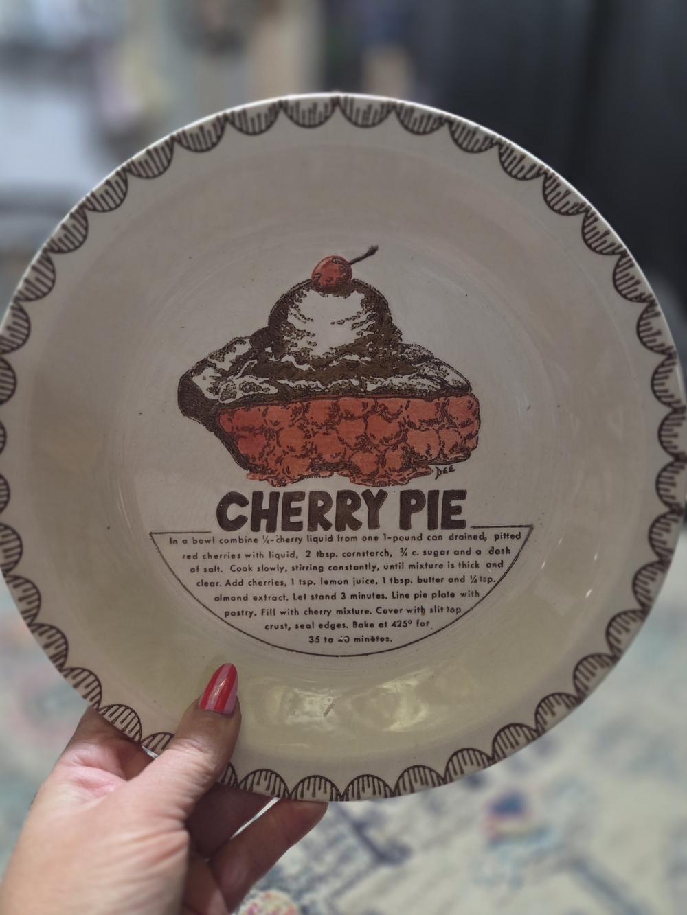 Vintage Cherry Pie Serving Plate with Red and Brown Graphic